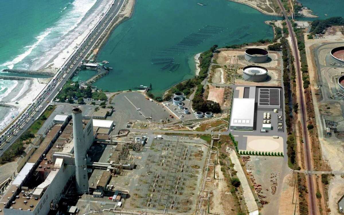 This image provided by the San Diego County Water Authority shows an artist’s rendering of a desalination plant now under construction in Carlsbad, San Diego County.