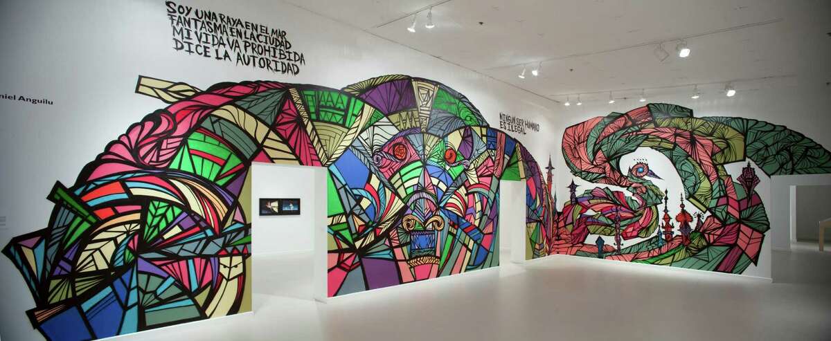 Daniel Anguilu's Aztec-inflected, colorful mural spans two walls in "HX8 (Houston Times Eight)."