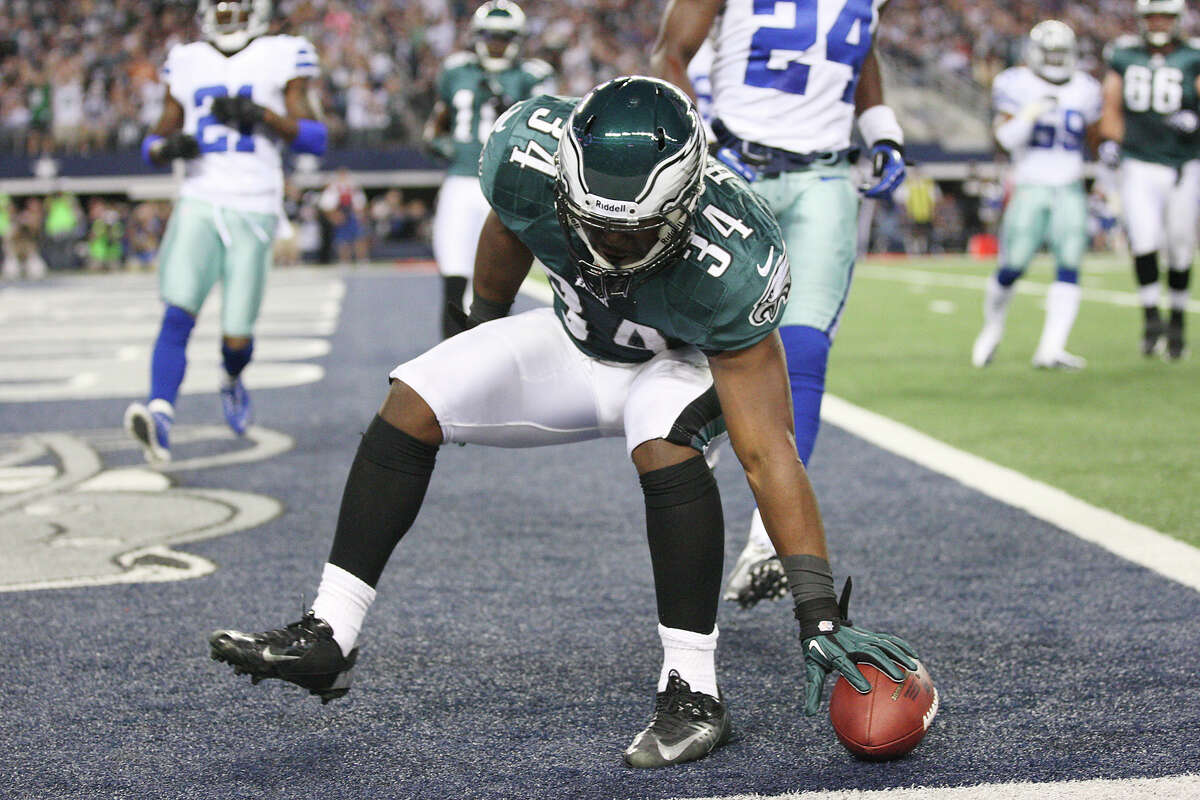 Eagles rookie running back Bryce Brown, who rushed for 169 yards and two touchdowns, touches the ball down in the end zone after one of his scores.