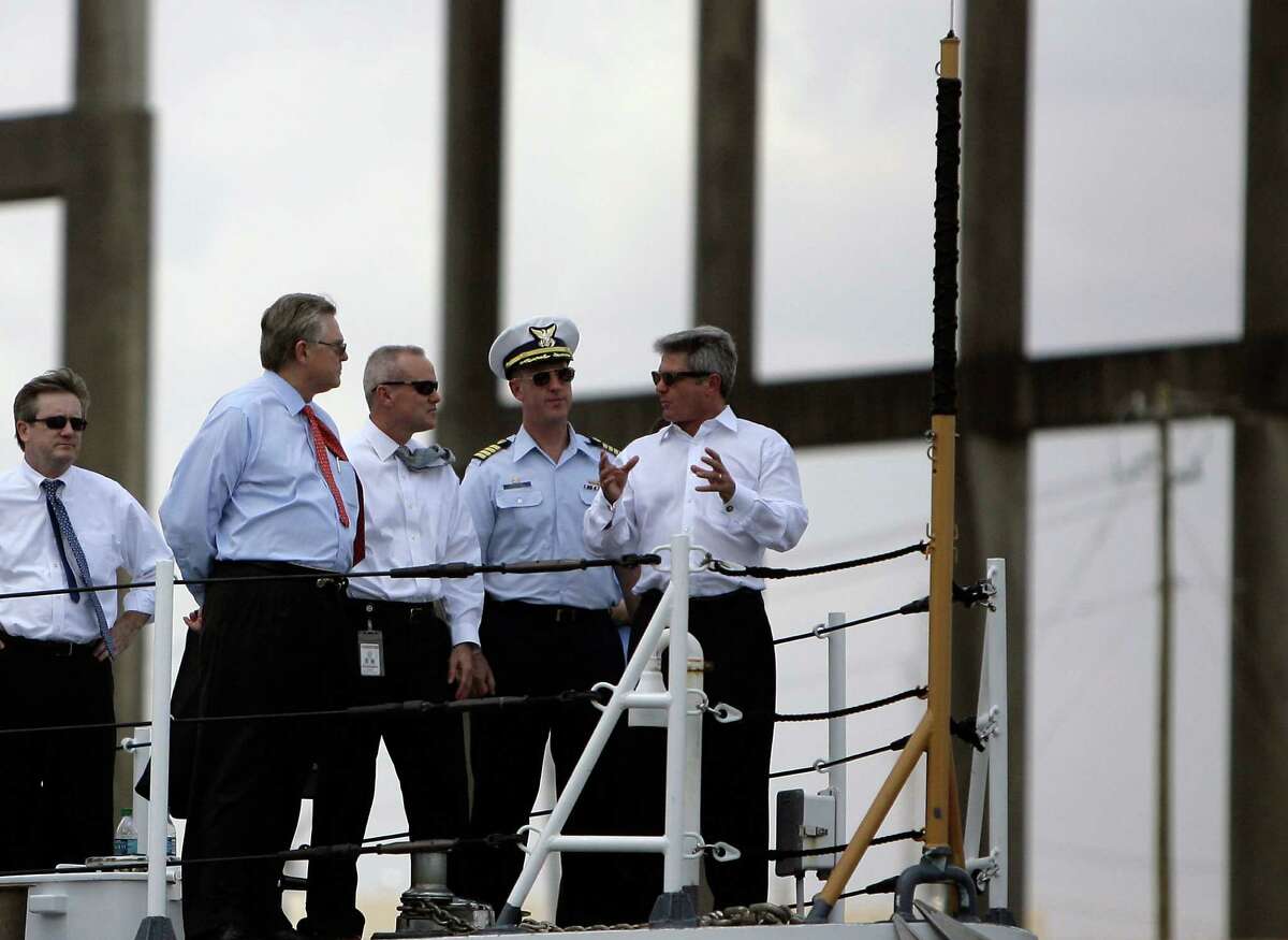 Houston-area Congressman Michael McCaul has described making an argument that helped him land the role of chairman of the high-profile House Committee on Homeland Security, but he has been laying the groundwork for years. Above: McCaul (right) gestured while talking to port officials on a boat tour through the Houston Ship Channel in 2011. Port officials showed McCaul security measures taken to protect the port in case of an attack.