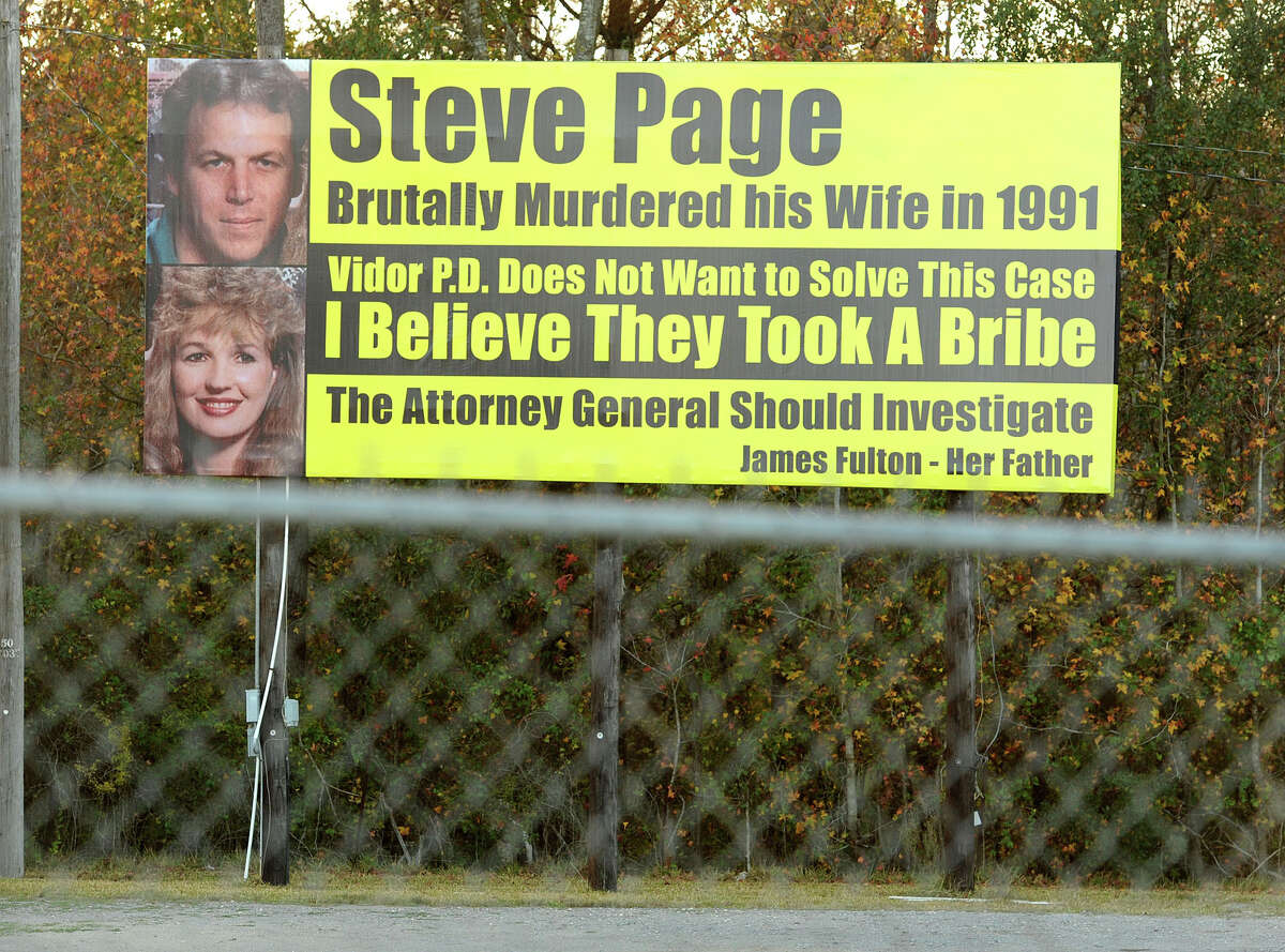 Drivers on Interstate 10 near Rose City have for years seen billboards that demand justice for Kathy Page. The latest version by her father, James Fulton, accuses Steve Page of murdering his wife, Kathy, in 1991. The sign also alleges the Vidor Police Department accepted bribes to cover it up -- a claim Vidor Police Chief Dave Shows denies. Photo taken Monday, December 03, 2012 Guiseppe Barranco/The Enterprise