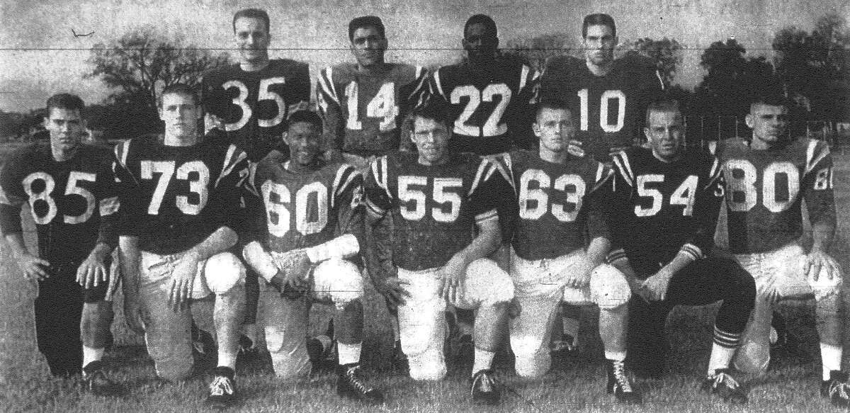 1962 This is the All-City football team chosen from San Antonio high school players by the Express-News sports staff. Front row, left to right, are Larry Thurmond, Harlandale; George Gaiser, Jefferson; Douglas Coffee, Brackenridge; Dennis Barco, John Marshall; Eddie Tisdale, Highlands; Bill McAllister, South San Antonio; and Gary Hill, Sam Houston. Back row: Bob Williamson, Harlandale; Victor Castillo, Brackenridge; James Jefferson, Jefferson; and Linus Baer, Robert E. Lee. Published in the San Antonio Express Dec. 1, 1962.