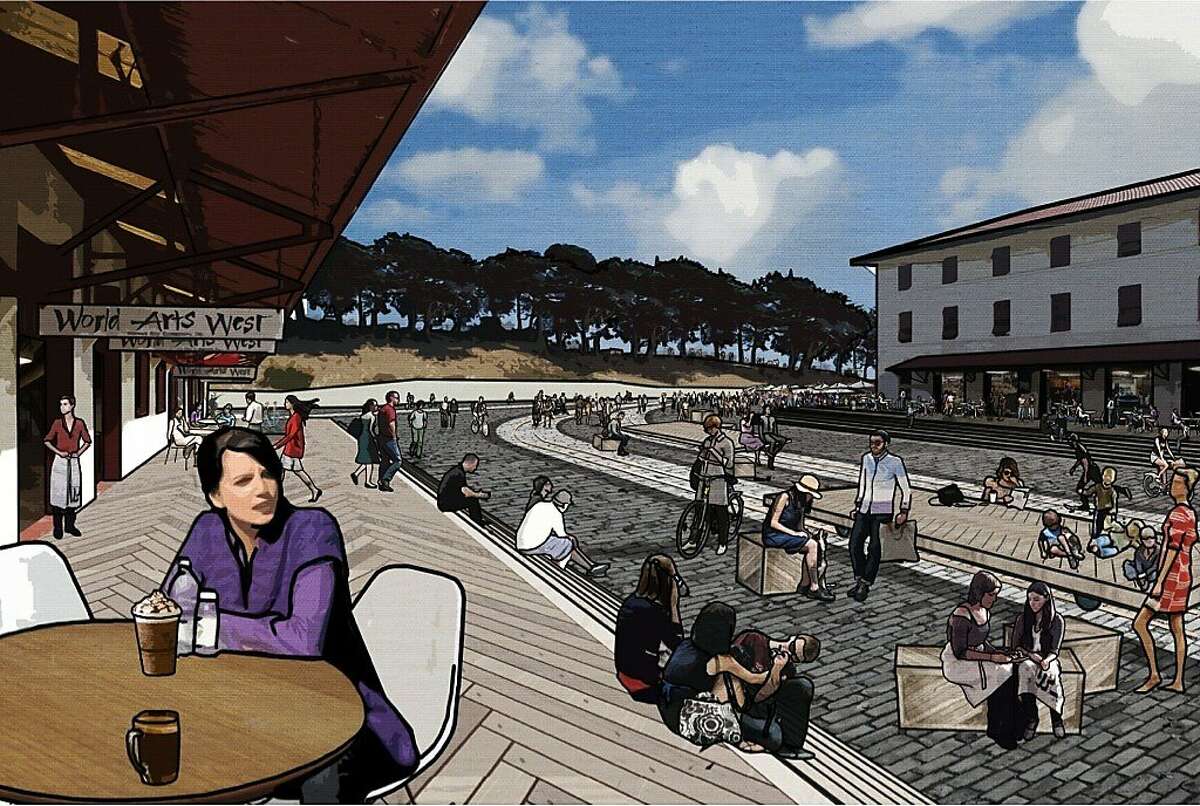 In the ideas competition for Fort Mason Center, the design team led by the firm West 8 would include such new features as steps to the bay from the piers, a trio of pontoons (one of which would contain a pool) and the conversion of the central parking lot into a retail-lined event space.