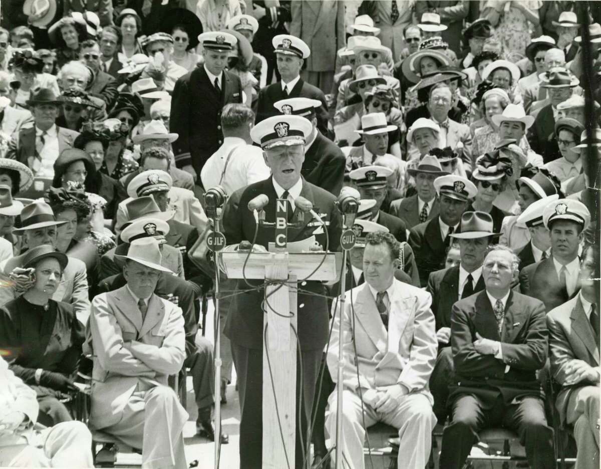 Chester Nimitz – Nimitz took command of the U.S. Pacific Fleet after the bombing of Pearl Harbor. Nimitz was born in Fredericksburg.. Here Nimitz speaks at the San Jacinto Battleground, April 21, 1948. Chronicle file