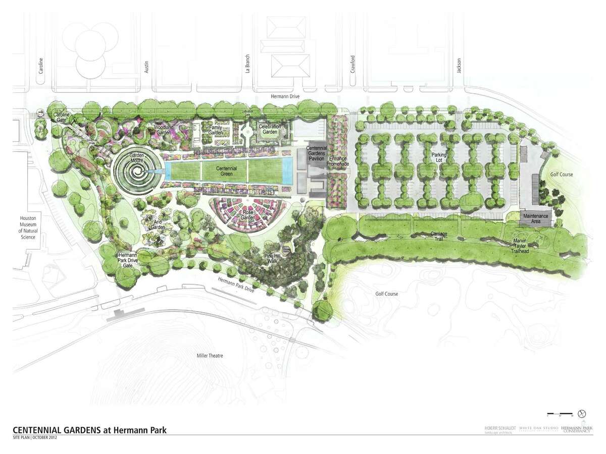 Bird's eye view of Centennial Gardens in Hermann Park, designed by Hoerr Schaudt Landscape Architects. Note that the parking lot, on the right, is part of the garden plan.