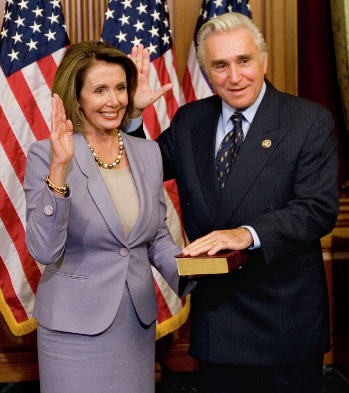 In this Jan. 6, 2009 file photo, House Speaker Nancy Pelosi, D-Calif., left, stands with Rep. Maurice Hinchey, D-N.Y., on Capitol Hill in Washington. (AP Photo/Haraz N. Ghanbari, File)