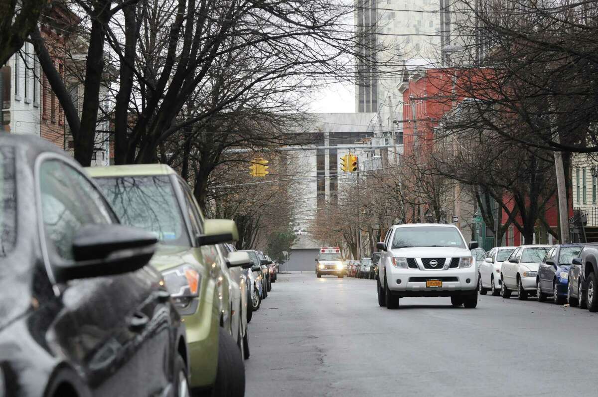 Vehicles parked on Hudson Avenue near the Empire State Plaza, Monday Dec. 10, 2012, in Albany, N.Y. The new tentative date for the start of Albany?s downtown parking permit system is Jan. 15. (Will Waldron / Times Union)
