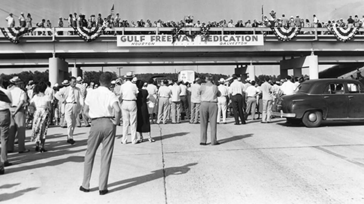 PHOTOS: Gulf Freeway still growing as it turns 65 More than 5,000 spectators gathered at a Dickinson overpass to officially open the Gulf Freeway on Aug. 2, 1952. The ceremonies were held on the overpass north of Dickinson Bayou, halfway between Houston and Galveston. Click through to see more photos from the history of this Houston roadway...