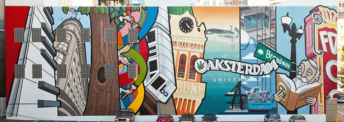 This is a photo of the original, completed mural, before it was graffitied at Oaksterdam University in Oakland, Calif.