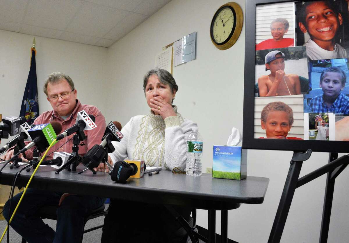 Adopted grandparents of Jaliek Rainwalker, Dennis Smith, left, and Barbara Reeley at a news conference where authorities investigating Jaliek's 2007 disappearance change the cases's status to a presumed homicide in Cambridge Thursday Dec. 13, 2012. (John Carl D'Annibale / Times Union)
