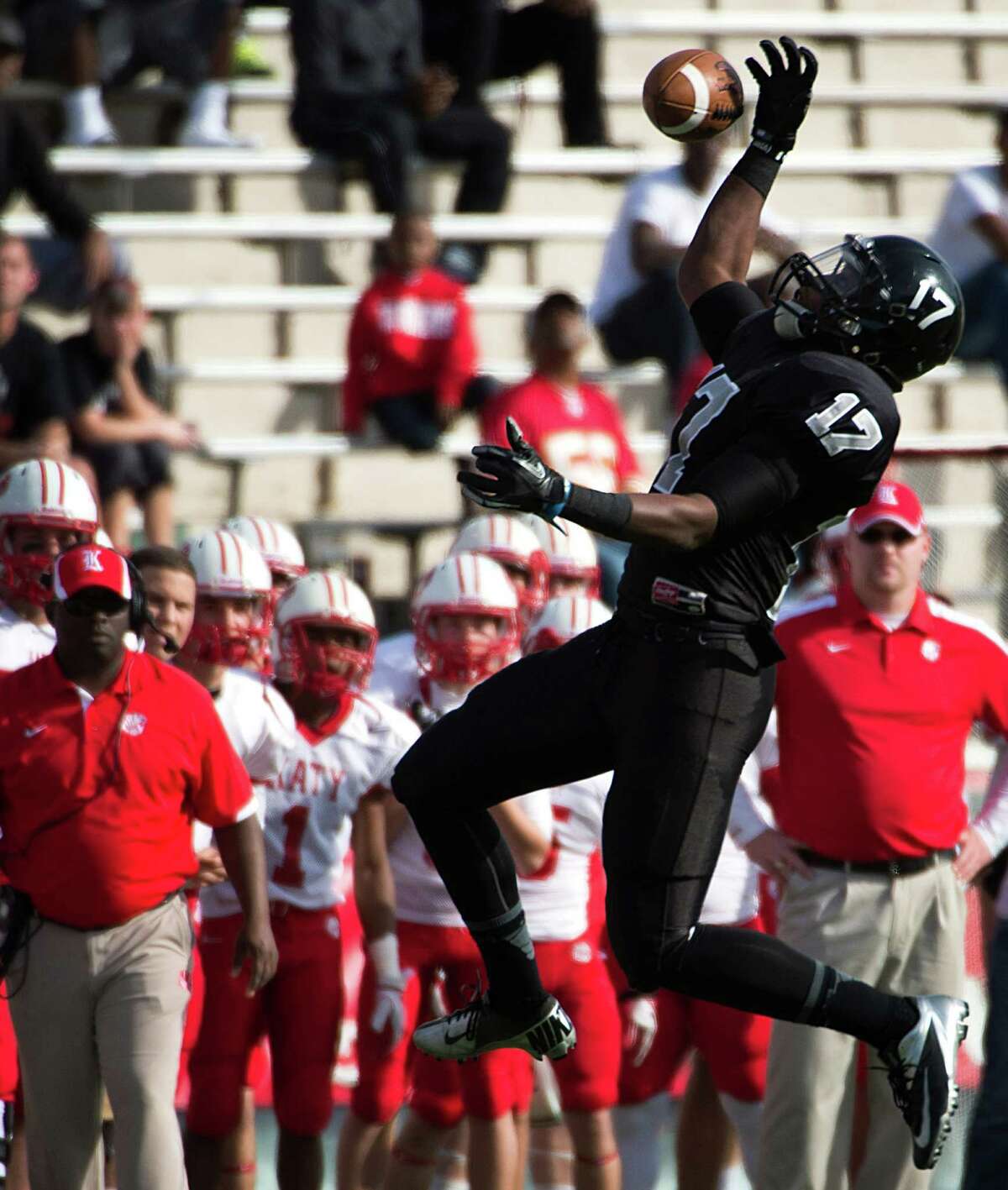 Cibolo Steele wide receiver Thaddeous Thompson (17) tries to make a one-handed catch against Katy during the first quarter in a Class 5A Division II state high school football semifinal game at Floyd Casey Stadium on Saturday, Dec. 15, 2012, in Waco. ( Smiley N. Pool / Houston Chronicle )