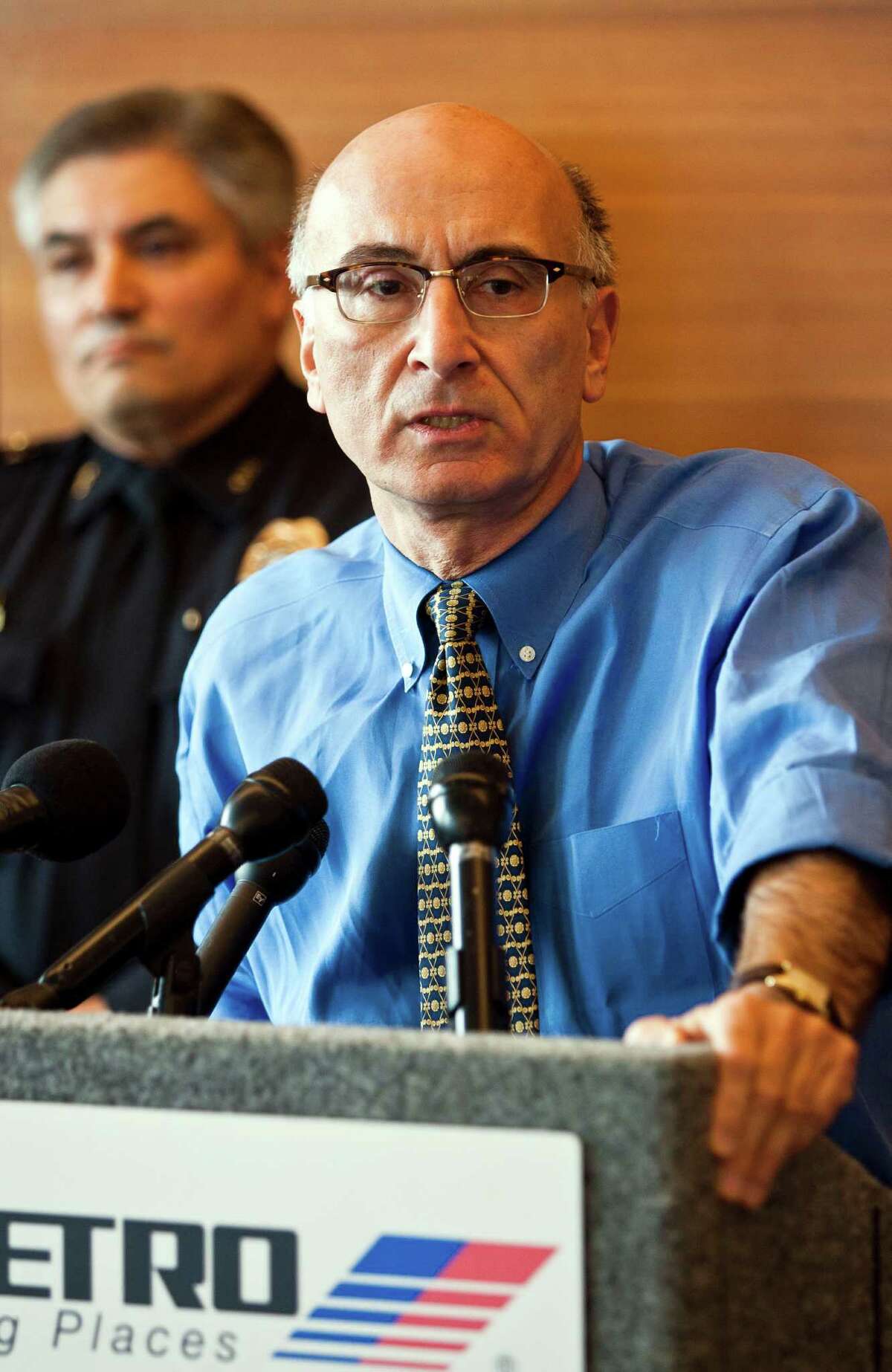 Metro CEO George Greanias speaks at the METRO headquarters regarding the death of bus driver David Sayers on Thursday, June 23, 2011 in Houston. ( Patrick T. Fallon / Houston Chronicle )