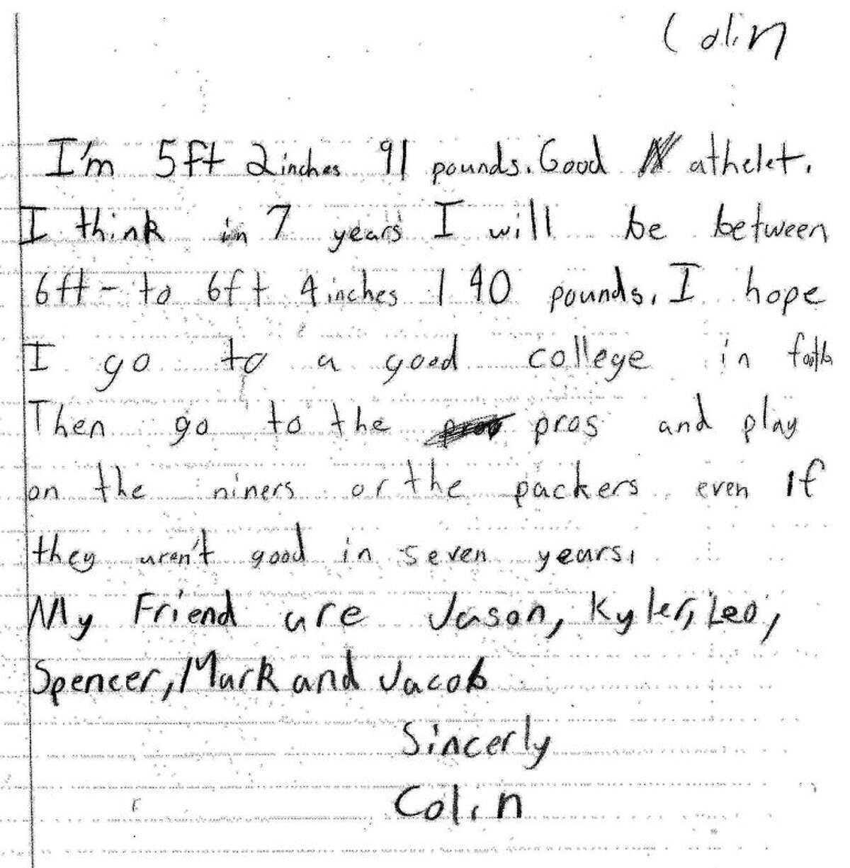 Colin Kaepernick's letter that he wrote in the fourth grade.