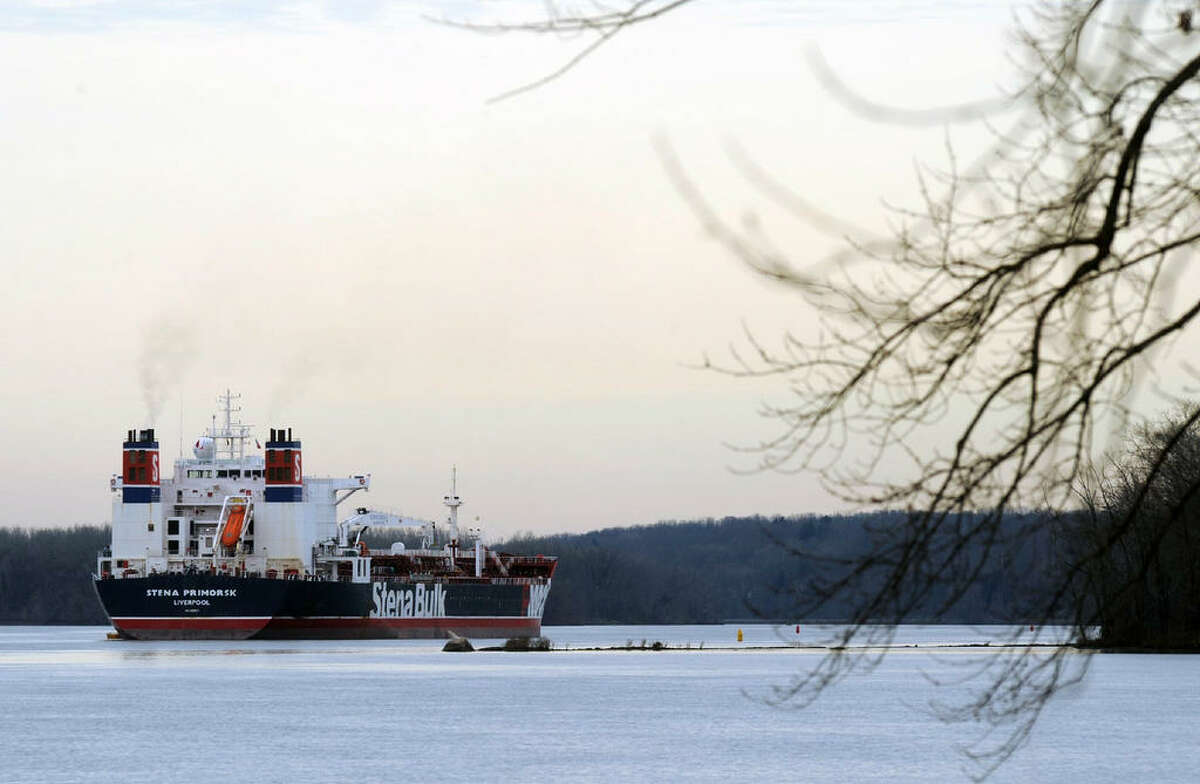 The Stena Primorsk oil tanker ran aground and punctured the outer layer of its hull near Stuyvesant, N.Y., Thursday Dec. 20, 2012. It was carrying North Dakota crude which it took on at the Port of Albany. No oil has escaped. (Michael P. Farrell/Times Union)