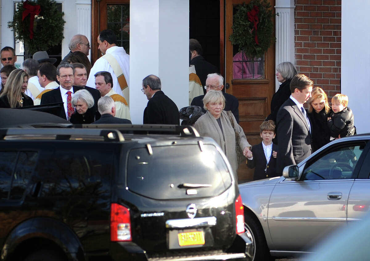 Family members, friends, and clergy exit the funeral service for Catherine Violet Hubbard,one of the twenty students killed in the Sandy Hook Elementary School shooting, at St. Rose of Lima Catholic Church in Newtown on Thursday, December 20, 2012.