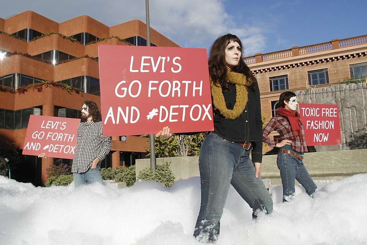 Greenpeace activists protest outside Levi s headquarters in San Francisco create a 'river' out of non-toxic foam, as part of a series of Greenpeace activities held in over 80 cities worldwide, demanding that Levi s commits to eliminating the use of all hazardous chemicals throughout its supply chain. The foam simulates the toxic water pollution caused by the Mexican textile factories that have been found to have links to brands including Levi s.