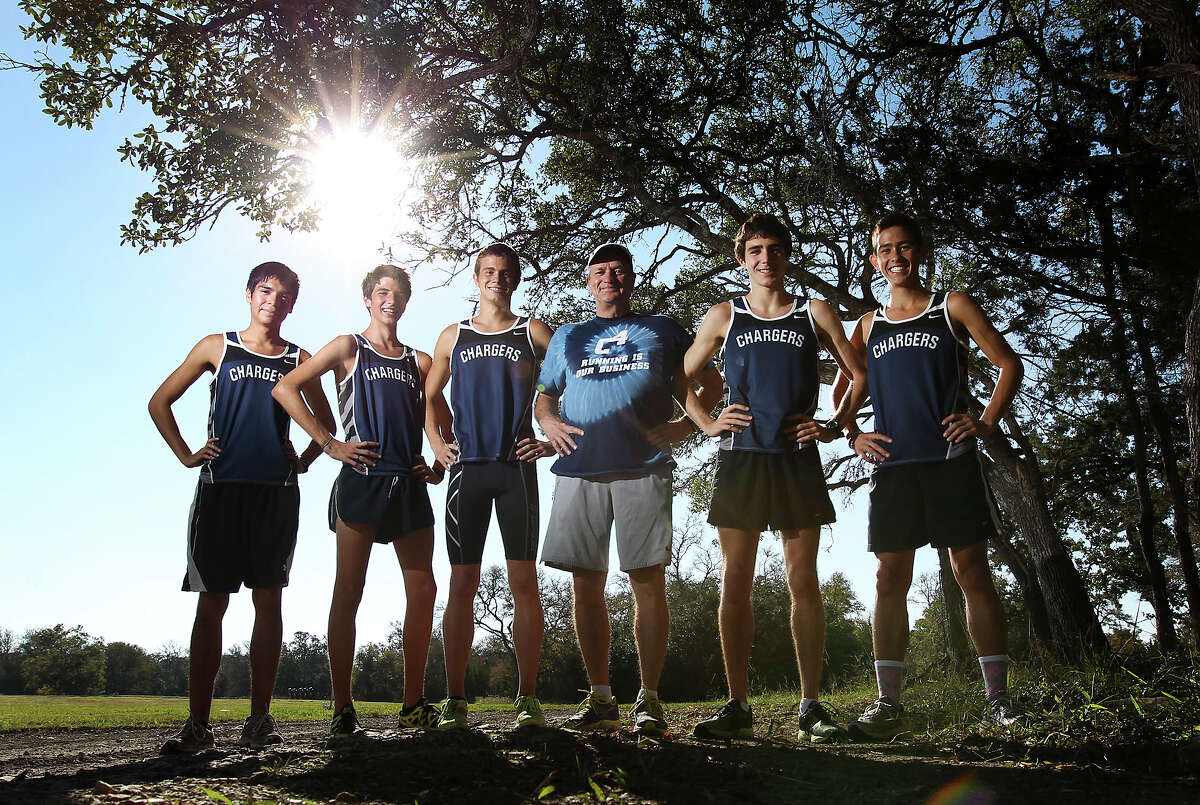 Boerne Champion High School cross country coach Dave Fulkerson (center) and his top runners Sergio Alva (from left), Jacob Ryan, Shane Kreidel, Jack Monday and Andrew Tankersley.