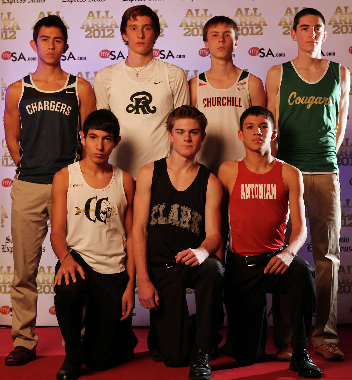 Portrait of Boerne Champion's Andrew Tankersley (back row from left), Reagan's Zach Martin, Churchill's Colton Stoker, Cole's Stefan Arnold, (front row from left), Lytle's Cesar Gonzalez, Clark's Austin Wells, Antonian's Anthony Gallardo. Thursday Dec. 13, 2012.