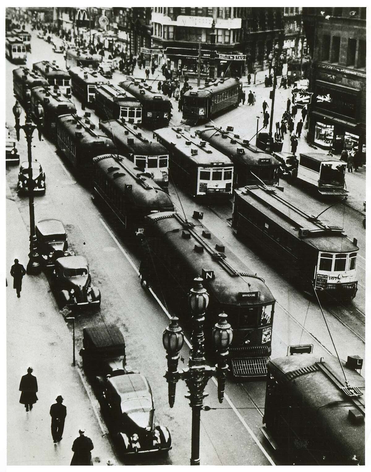 Twenty Streetcars are visible in this 1939 picture at Market, Geary and Kearny streets. 