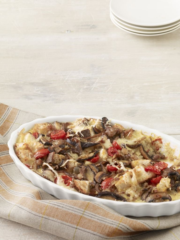 Recipe Breakfast Casserole with Turkey Sausage, Mushrooms, and Tomatoes