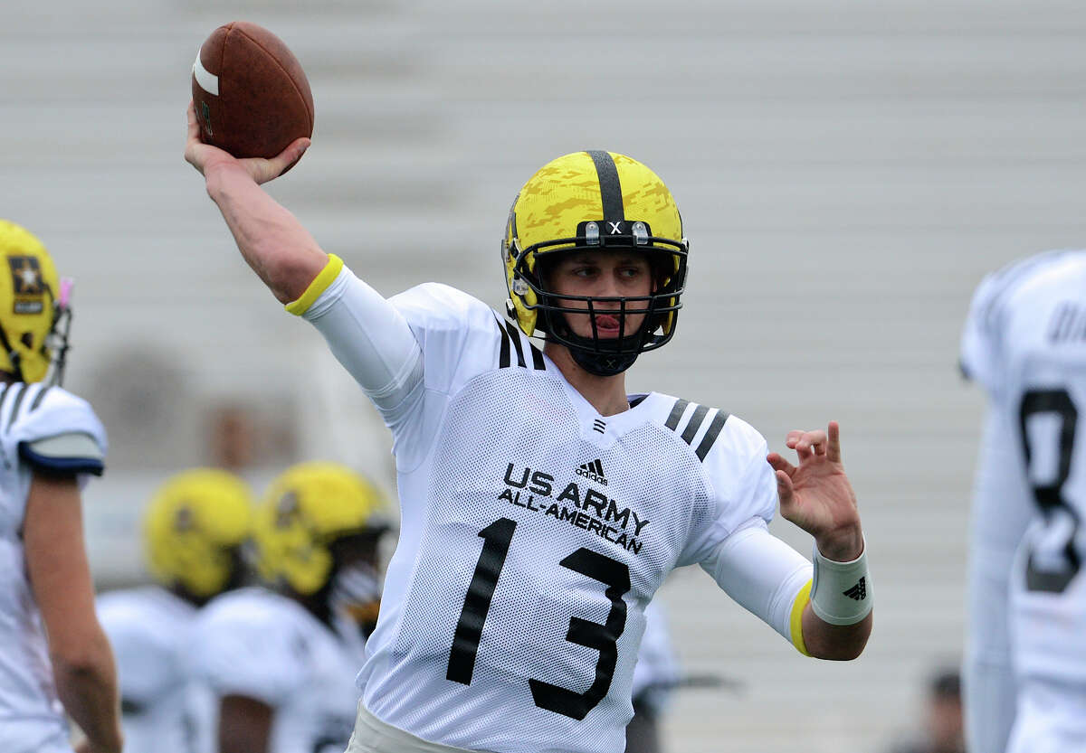 U.S. Army All-American Bowl West Team QB Max Browne (13) from Skyline High School in Issaquah, WA throws a pass during a U.S. Army All-American Bowl West Team practice at Comalander Stadium, Monday, December 31, 2012. John Albright / Special to the Express-News.