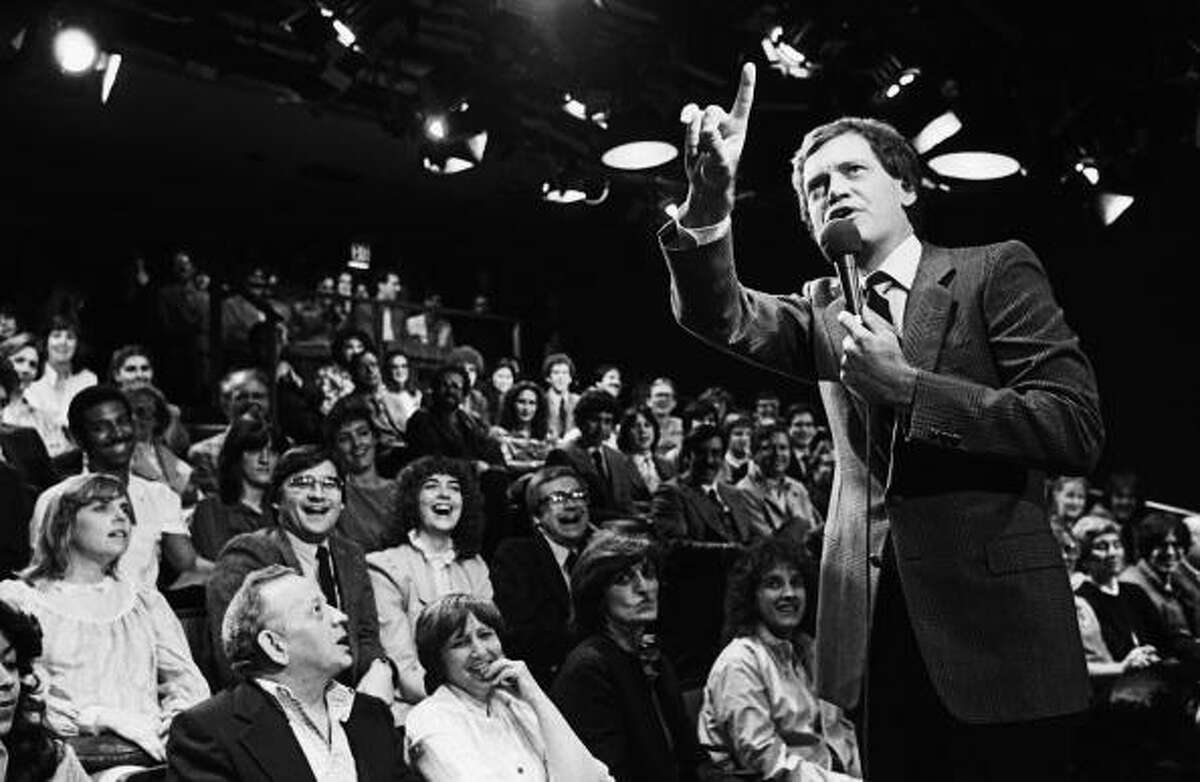 1982: David Letterman, warms up his NBC studio audience prior to the taping of his popular television show at Rockefeller Center. Getty Images