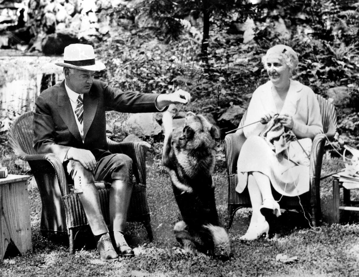 President Herbert C. Hoover and first lady Lou Henry Hoover enjoy their vacation with their Norwegian elkhound, Weeji, at Rapidan Camp, Va., in August 1932.