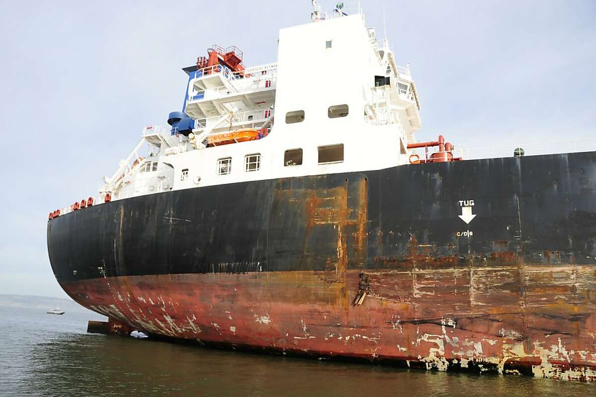 The damage to the 752-foot tanker Overseas Reymar following a collision with tower six of the San Francisco Bay Bridge, Monday, Jan. 7, 2013.