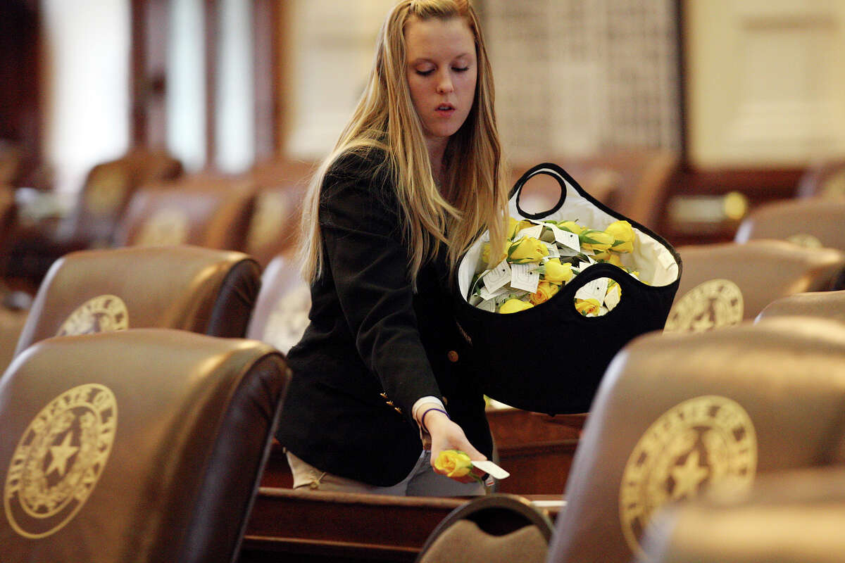 Kimberly Nemecek, with the Texas House of Representatives Sergeant-at-Arms office, places yellow roses on top the representatives desk before the start the 83rd Texas Legislature at the State Capitol in Austin, Tuesday, Jan. 8, 2013. The roses were courtesy of St. Rep. Dist. 77 Marisa Marquez.
