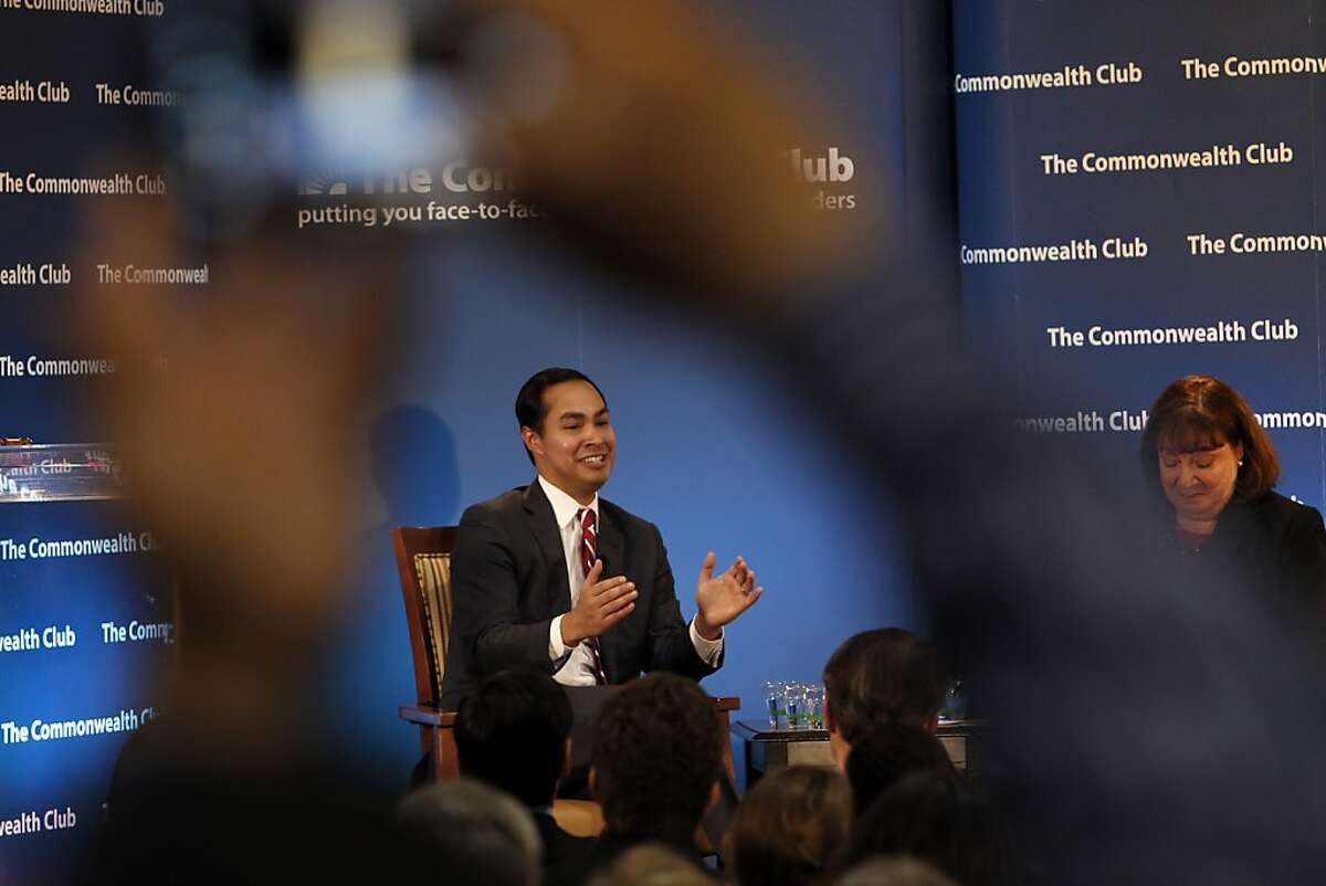 Julian Castro, mayor of San Antonio and democratic all-star, smiles as he speaks at the Commonwealth Club in San Francisco, Calif., on Monday, January 7, 2013. Along for the visit was his identical twin, Joaquin Castro.