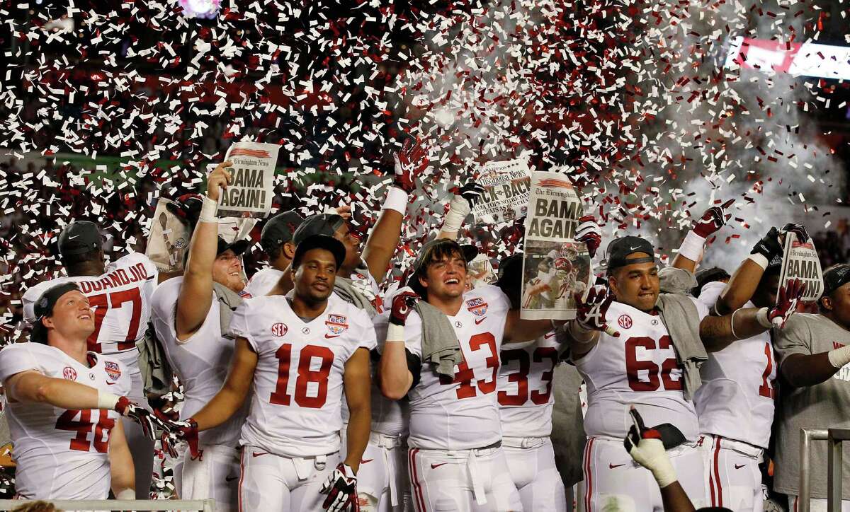 Express-News college football writer Tim Griffin looks back at the 2012-13 bowl season: Alabama players celebrate after the BCS National Championship college football game against Notre Dame Monday, Jan. 7, 2013, in Miami. Alabama won 42-14.
