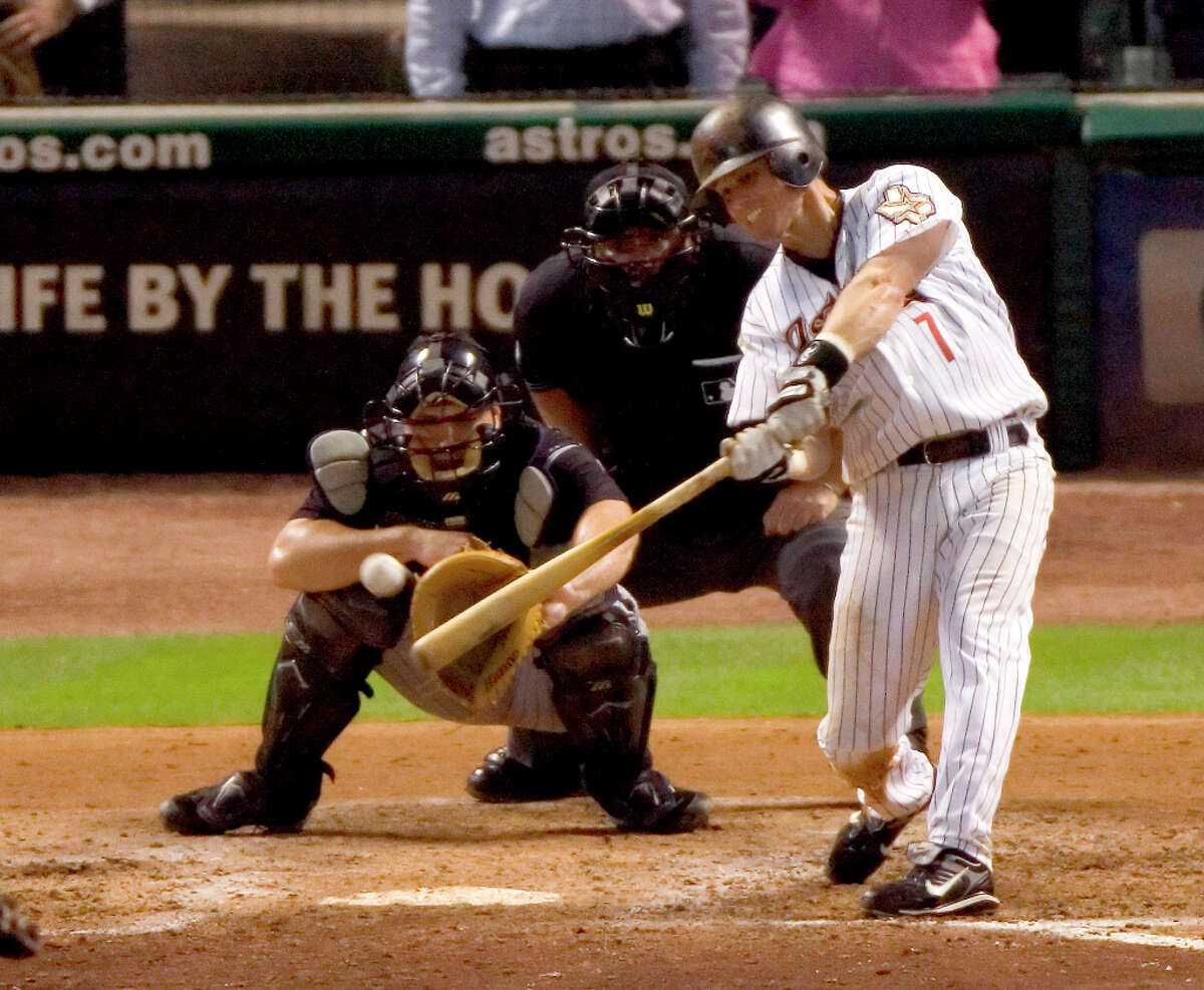 Houston Astros Craig Biggio slaps the 3,000th hit of his career off Colorado Rockies starter Aaron Cook during the seventh inning Thursday, June 28, 2007, at Minute Maid Park in Houston.