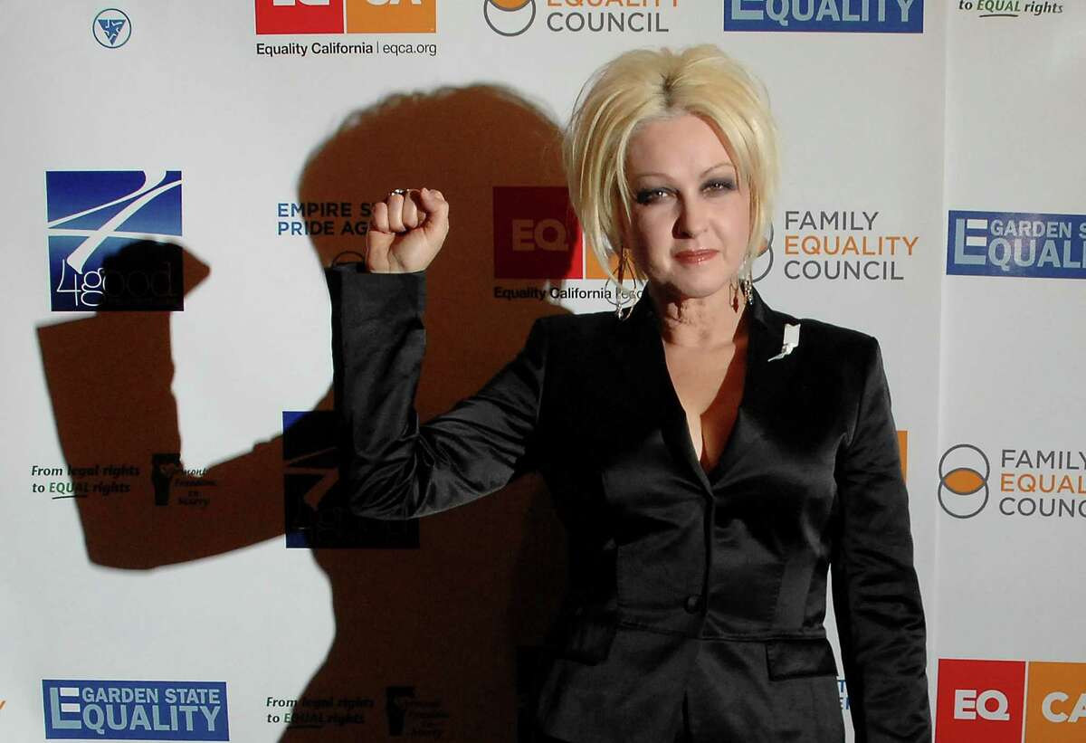 Singer Cyndi Lauper attends the "Defying Inequality" Broadway concert, a celebrity benefit for equal rights, in New York, on Monday, Feb. 23, 2009. (AP Photo/Peter Kramer)