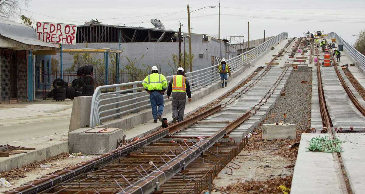 Construction of Metro's North Line expansion around the North Main Bridge on Jan. 4, 2013. Three new rail lines have opened in Houston since 2013, marking the most significant non-road investment in Houston transportation in years.