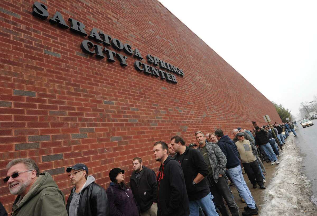 A line block long outside the Saratoga Springs City Center to enter the Saratoga Springs gun show on Saturday Jan. 12,2013 in Saratoga Springs, N.Y. (Michael P. Farrell/Times Union)