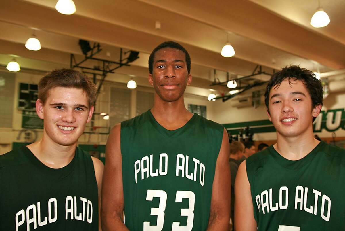 Palo Alto High basketball players Mathias Schmutz, Aubrey Dawkins and Aldis Petriceks.