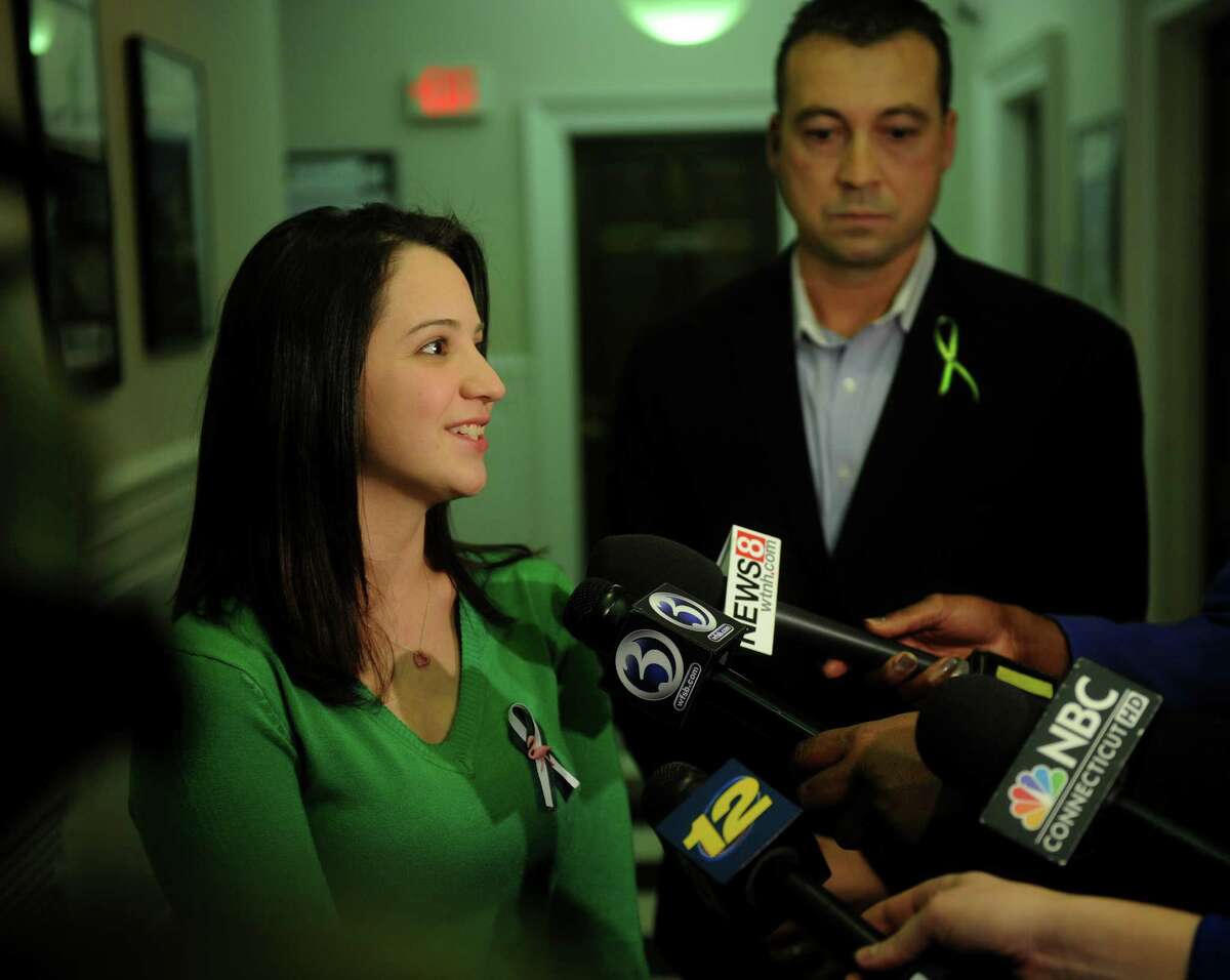 Jillian Soto, sister of slain Sandy Hook Elementary School teacher Victoria Soto, was happy that a school would be named in honor of her sister, at the Town Council meeting in Stratford on Monday, January 14, 2013. The school, to be named Victoria Soto School, will be on the campus of Stratford Academy.