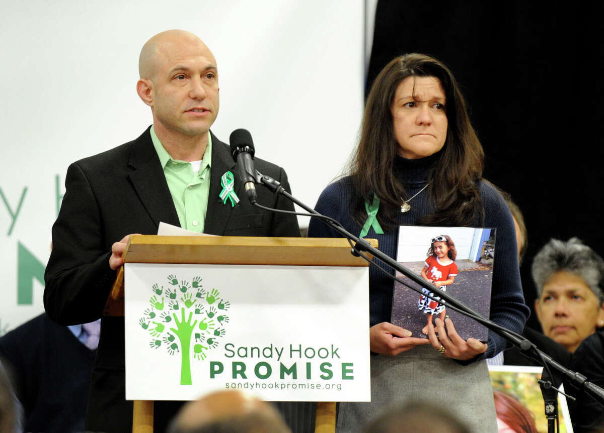 Jeremy Richman and Jennifer Hensel, parents of Avielle, one of the children killed in the Sandy Hook Elementary School shootings, address a press conference Monday morning at the Edmond Town Hall, for a grassroots initiative to end gun violence, Sandy Hook Promise, January 14, 2013.