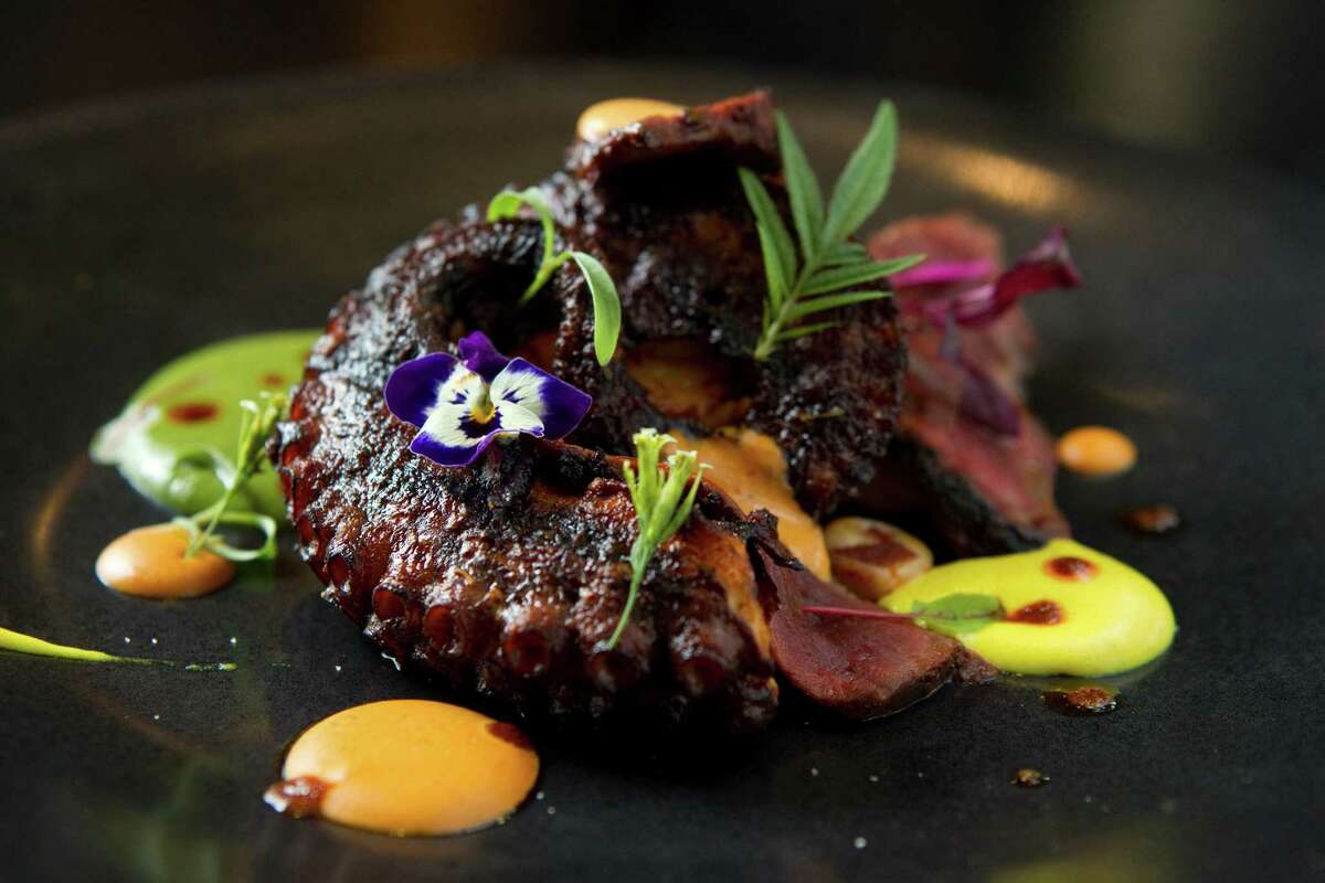 Anticucho Mixto, a dish of char-grilled octopus and beef heart, is most alluring at Alma Cebiche & Bar.