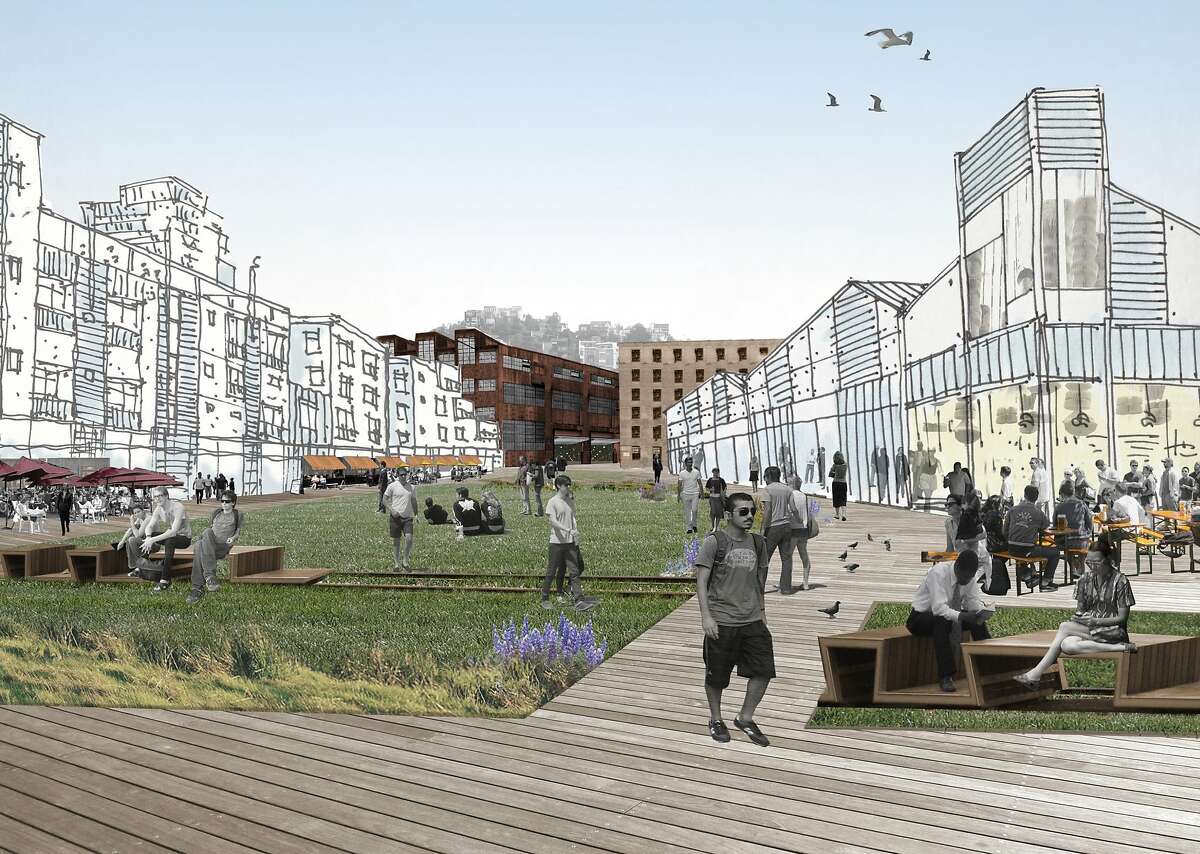 A rendering of the Slipways Promenade area of the proposed development of Pier 70, one of several mostly vacant areas along the San Francisco waterfront where developers seek to build large projects.