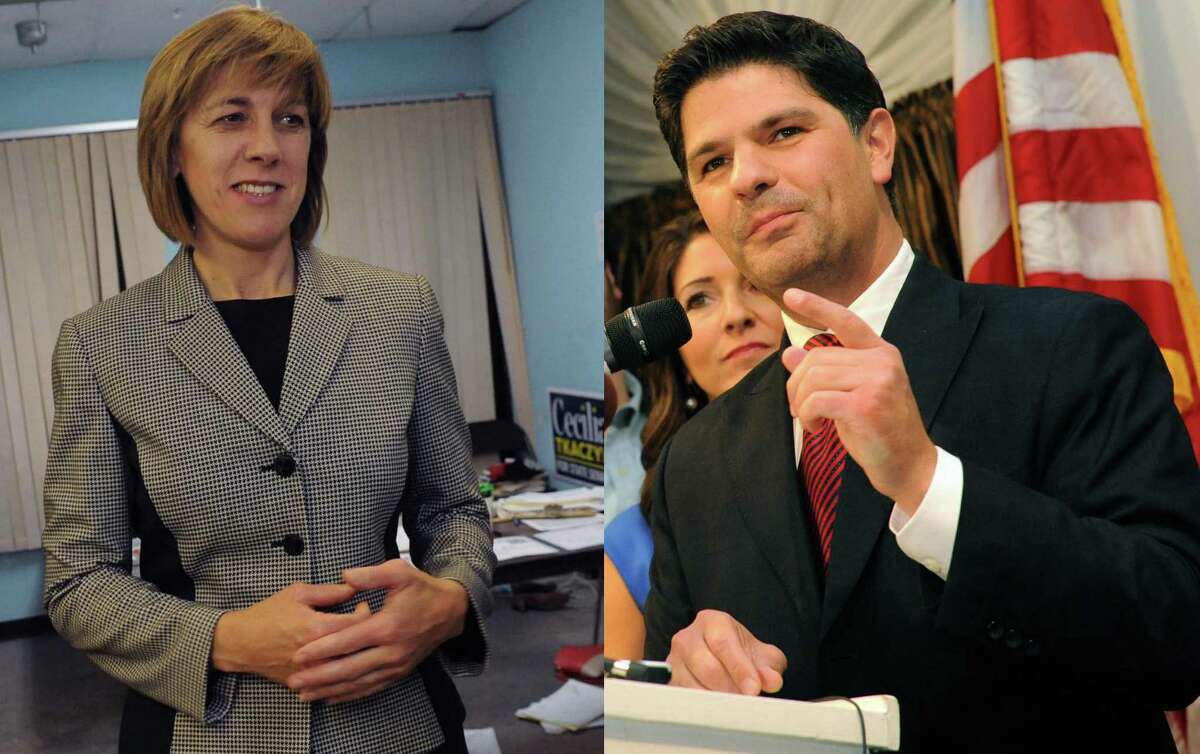 Composite image showing N.Y. Senate 46th district candidates, Celicia Tkaczyk (D), left, and George Amedore (R), right. (Michael P. Farrell/Times Union)