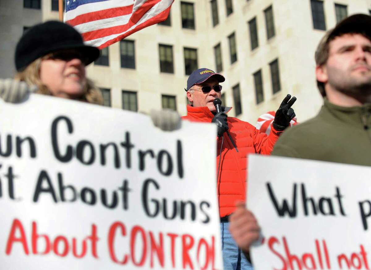 Tom King, president of the New York State Rifle and Pistol Association, center, speaks during a pro-Second Amendment and pro-gun national rally on Saturday, Jan. 19, 2013, at the Capitol in Albany, N.Y. (Cindy Schultz / Times Union)