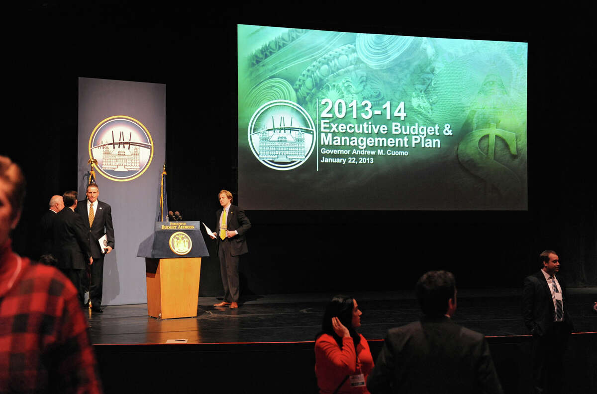 The stage and podium is ready for Governor Andrew Cuomo to deliver his budget proposal for fiscal year 2013-14 in the Hart Theater in The Egg on Tuesday Jan. 22, 2013 in Albany, N.Y. (Lori Van Buren / Times Union)