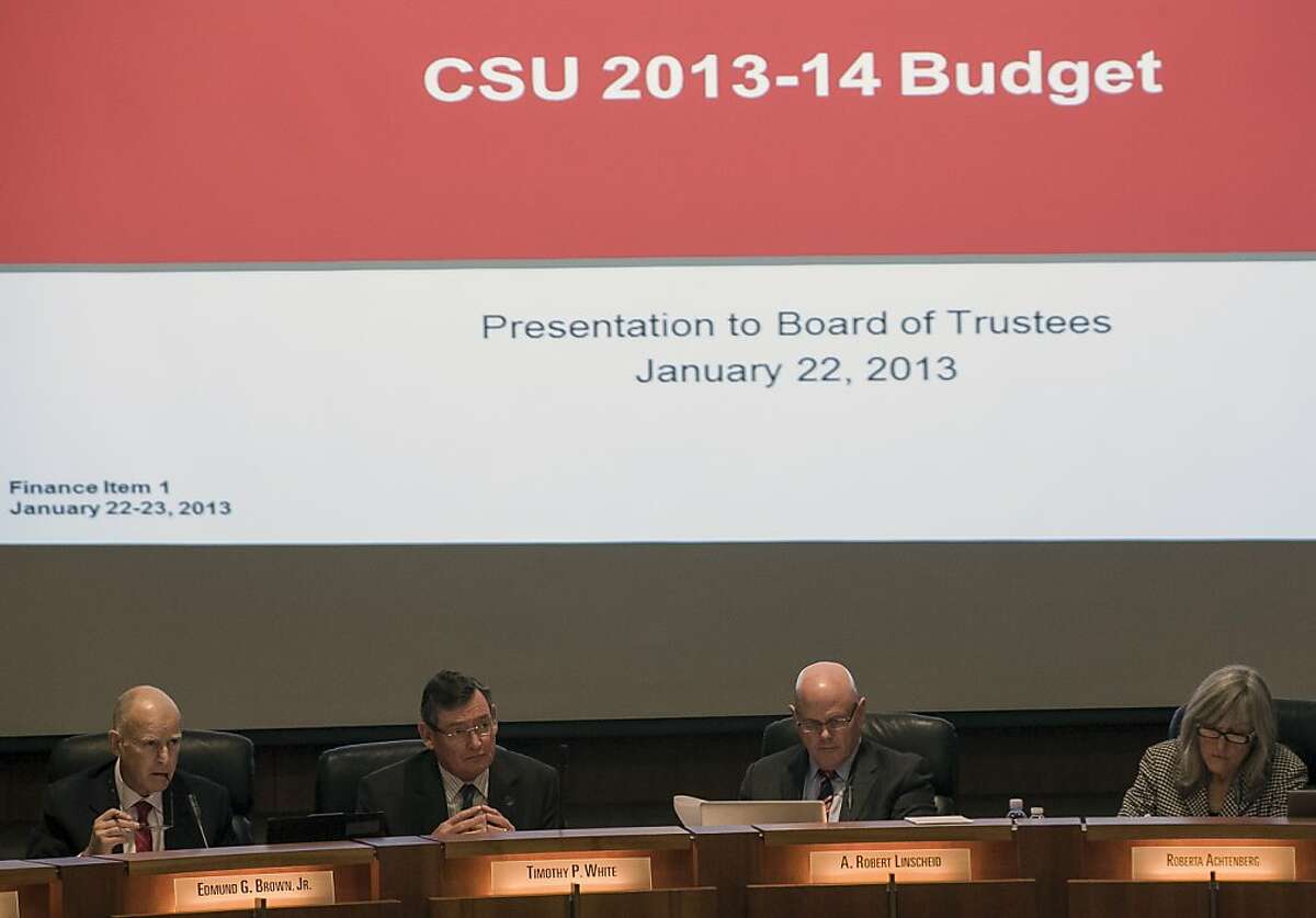 California Gov. Jerry Brown, far left, attends the California State University Board of Trustees meeting to push for the 2013-14 proposed budget, online education and cuts in administrative expenses, and its potential effects at the CSU chancellor's office in Long Beach, Calif., Tuesday, Jan. 22, 2013. From left: Gov. Brown, Timothy White, chancellor of the University of California, A. Robert Linscheid, chair, and Roberta Achtenberg, appointed member. (AP Photo/Damian Dovarganes)