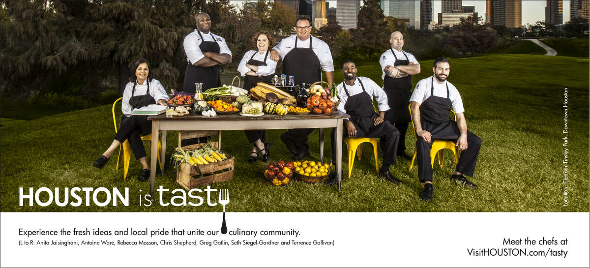 Local chefs, from left, Anita Jaisinghani, Antoine Ware, Rebecca Masson, Chris Shepherd, Greg Gatlin, Seth Siegel-Gardner and Terrence Gallivan pose for this photograph at Eleanor Tinsley Park. The photo is be part of the Greater Houston Convention and Visitors Bureau ad campaign.