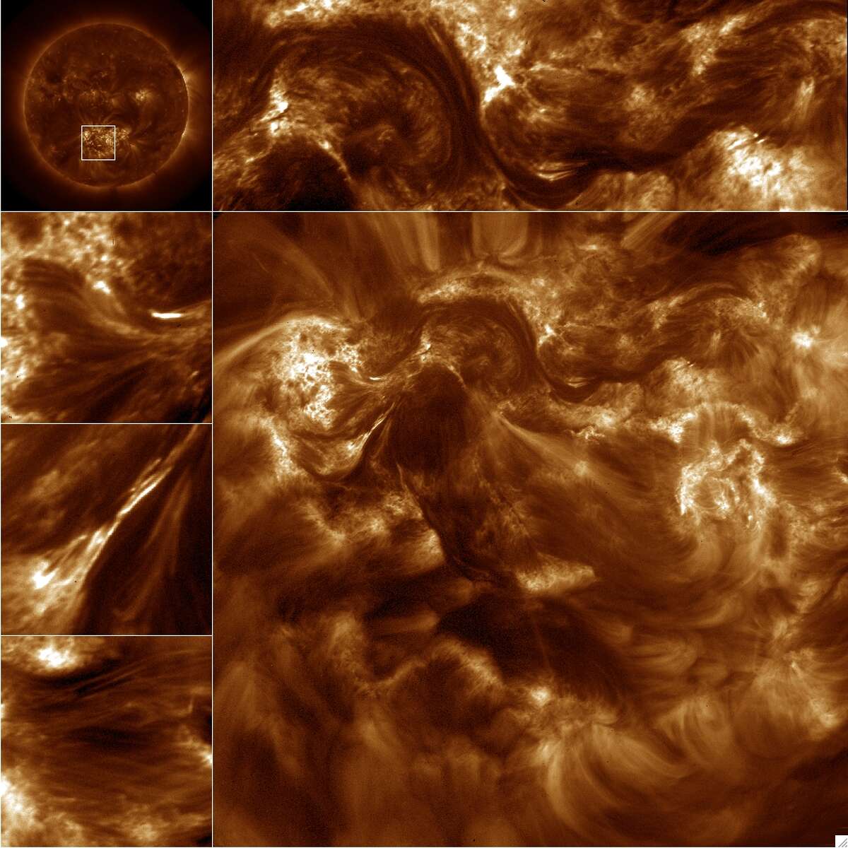 From NASA: The Hi-resolution Coronal Imager full resolution image shown here is from the solar active region outlined in the AIA image (upper left). Several partial frame images are shown including a portion of a filament channel (upper center/right), the braided ensemble (left, second from top), an example of magnetic recognition and flaring (left, third from top), and fine stranded loops (left, bottom). These Hi-C images are at a resolution of 0.2" or 90 miles. This resolution is the equivalent of resolving a dime from 10 miles away.