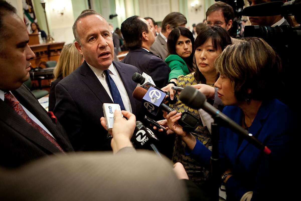 Senate president pro tempore Darrell Steinberg speaks to reporters after Gov. Jerry Brown's State of the State address at the State Capitol January 24, 2013 in Sacramento, Calif.