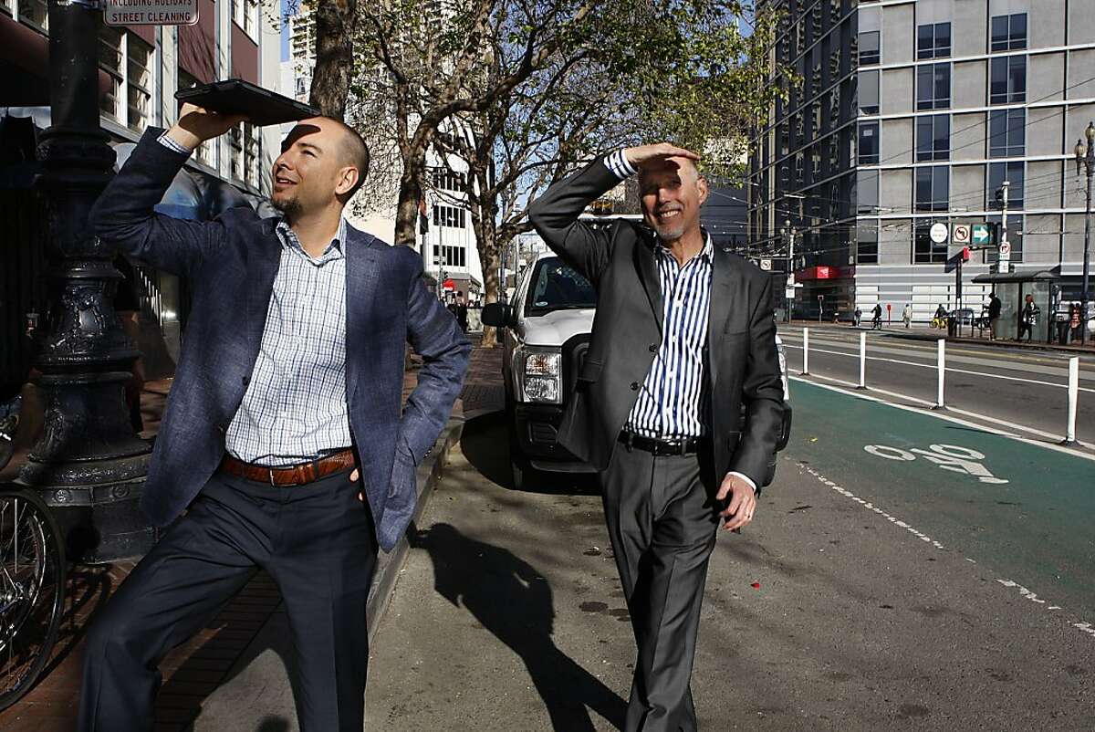 Trumark Urban managing director Arden Hearing (left) and Trumark principal and co-founder Gregg Nelson (right) looking at their 13,000 sq. foot site at 1554 Market street in San Francisco, Calif., on Monday, January 21, 2013.