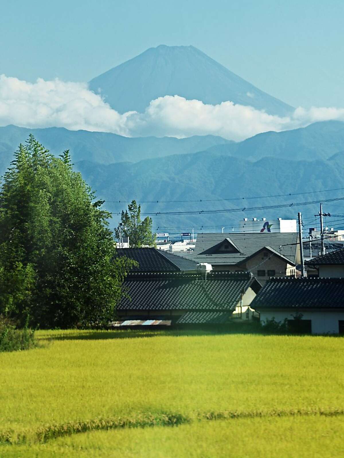 Riding a train through central Japan allows for spectacular views of Mt. Fuji and rice fields