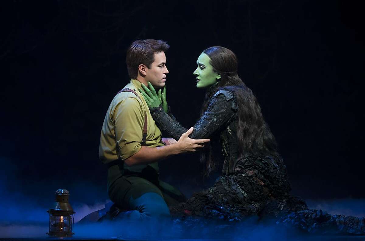 Dee Roscioli (right) as Elphaba and Cliffton Hall as Fiyero discover their love for each other in the duet "As Long As You're Mine" in "Wicked" at the Orpheum Theatre Wicked Tour Emerald City